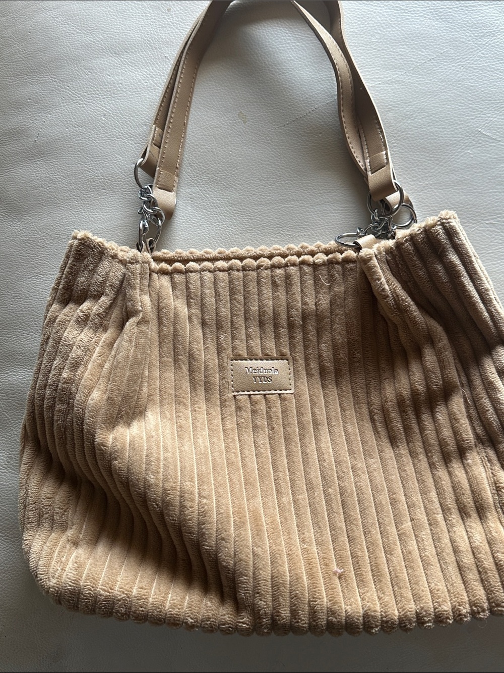 Corduroy Shoulder Tote in Light Beige